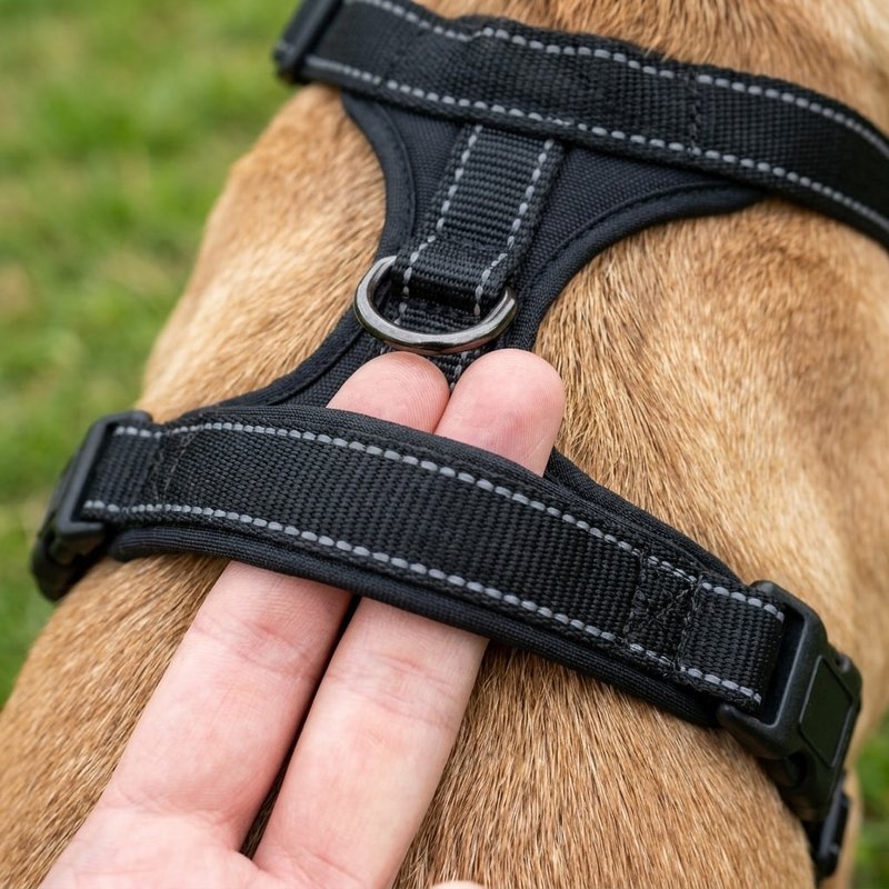 Close-up of two fingers checking the snug fit under a dog harness chest strap
