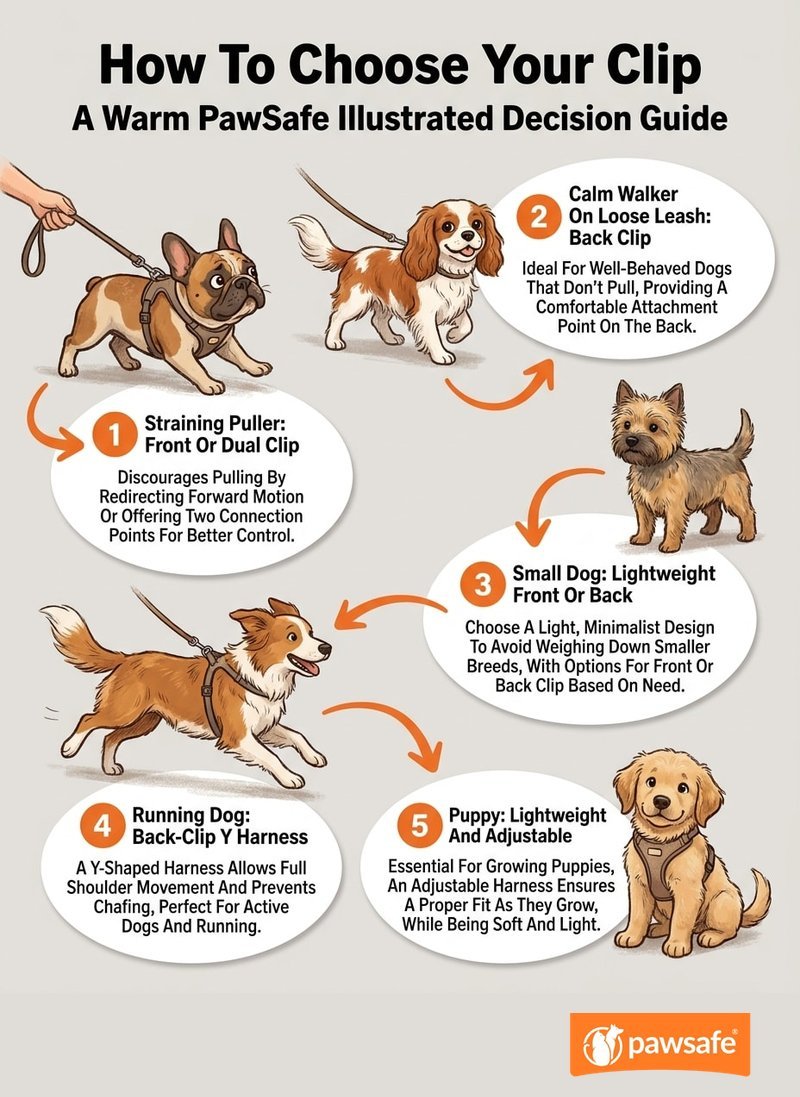 Decision guide matching a puller, calm walker, small dog, runner, and puppy to the right harness clip