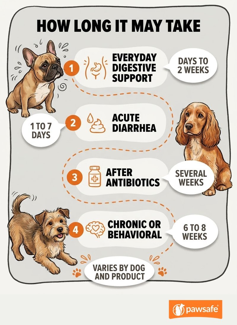 Illustrated timeline of how long dog probiotics take to work by situation