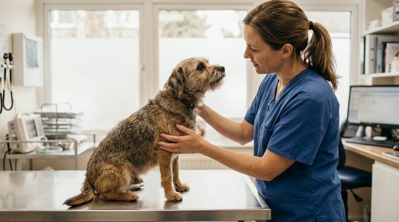 Veterinarian gently examining a calm dog during a check-up