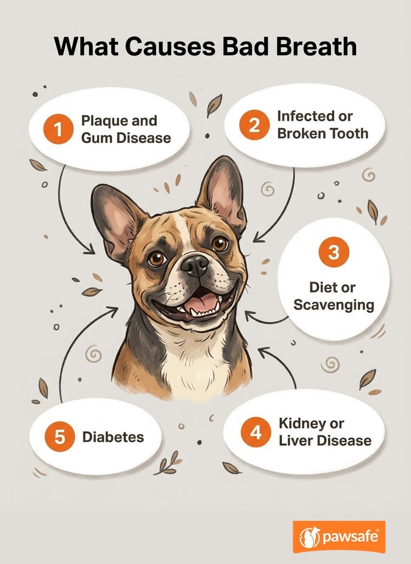Illustrated overview of the common causes of bad breath in dogs