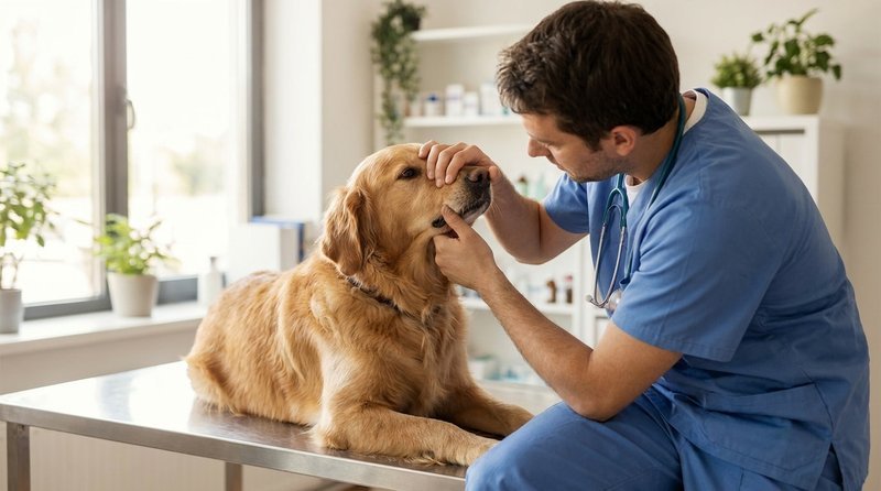 Veterinarian examining a calm dog's teeth and gums during a dental check