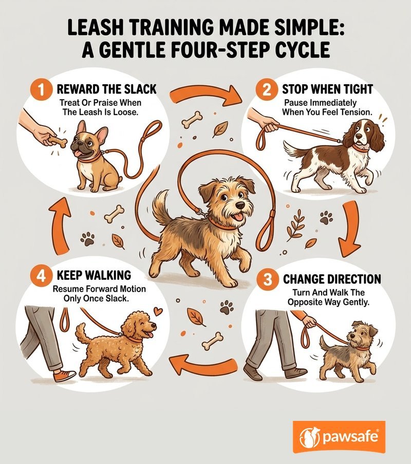 Four-step loose-leash loop: reward the slack, stop when tight, change direction, then keep walking