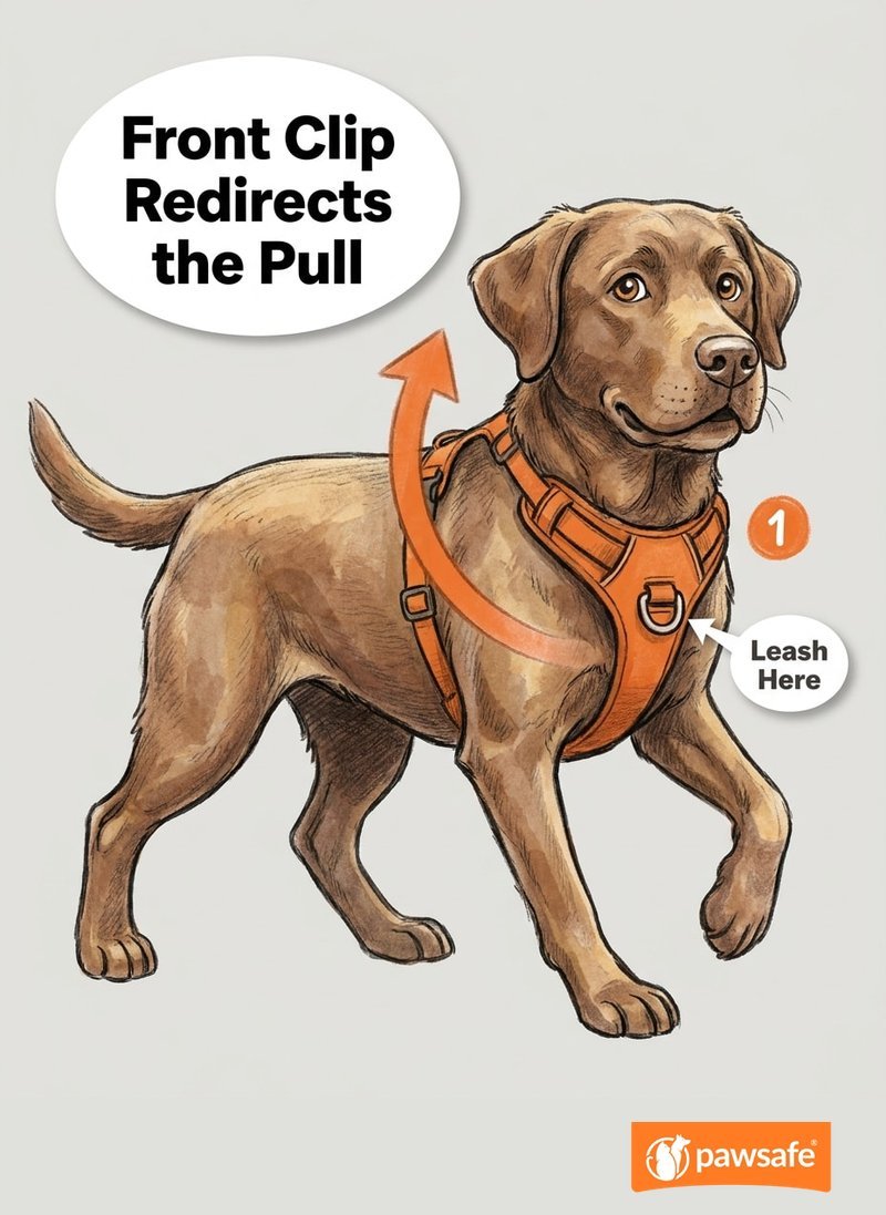 Illustration of a front-clip harness rotating a lunging dog gently back toward its owner