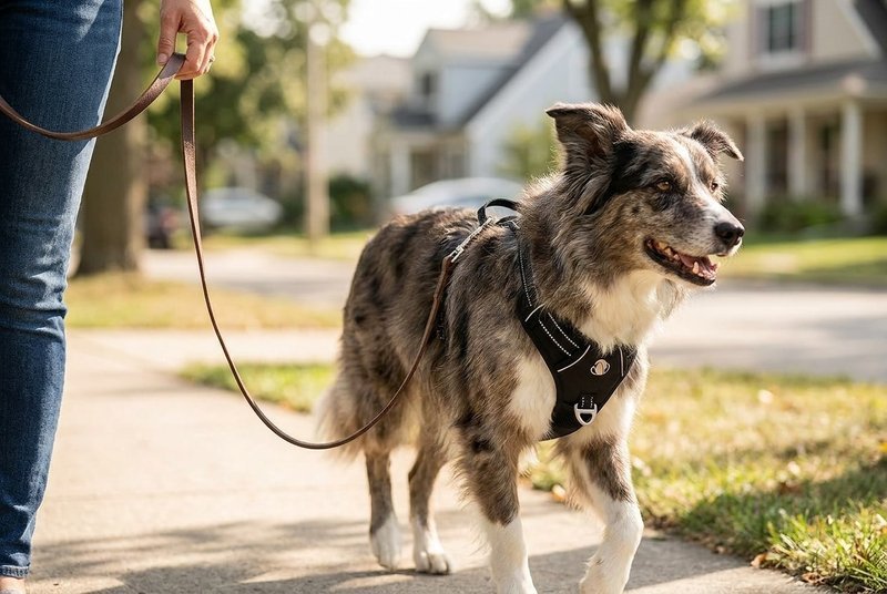 Dog in a black PawSafe no-pull harness walking calmly on a slack leash beside its owner on a sidewalk