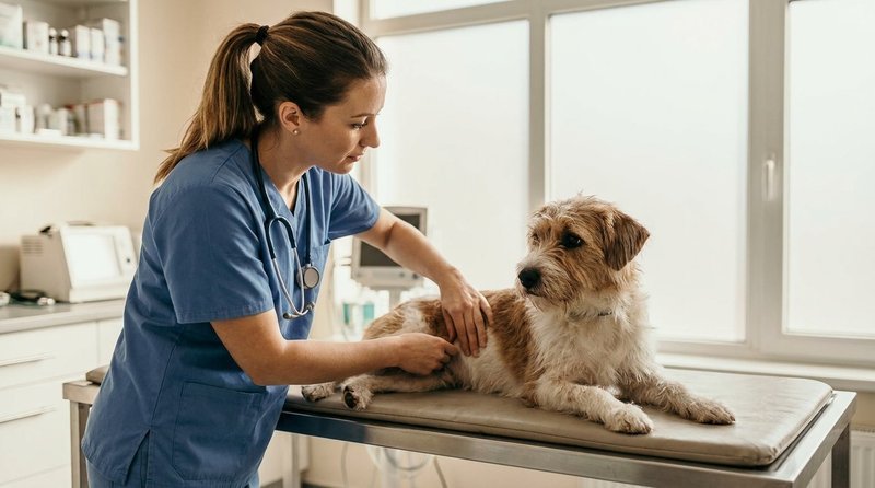 Veterinarian gently examining a calm dog during a check-up