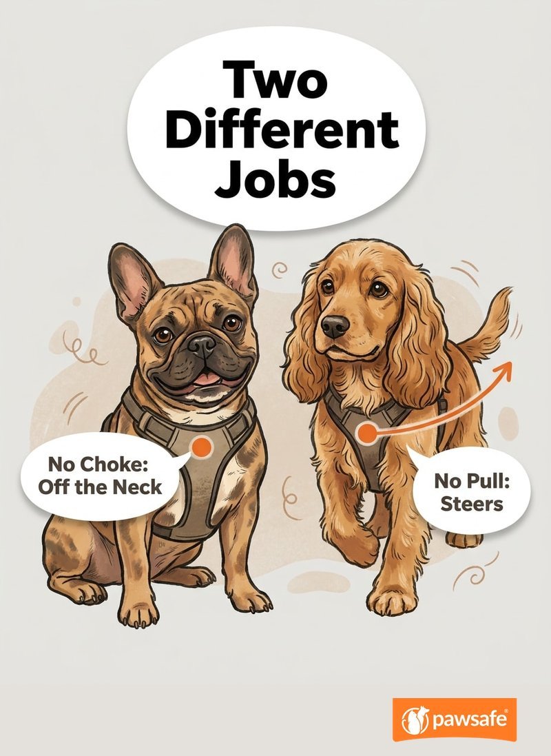 Illustration contrasting a no-choke harness that keeps force off the neck with a no-pull harness that steers a dog toward the handler