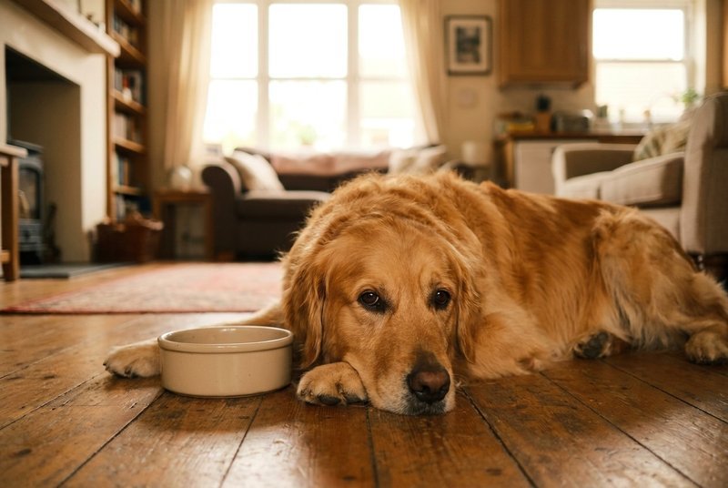 Golden Retriever resting calmly on the floor next to its food bowl at home
