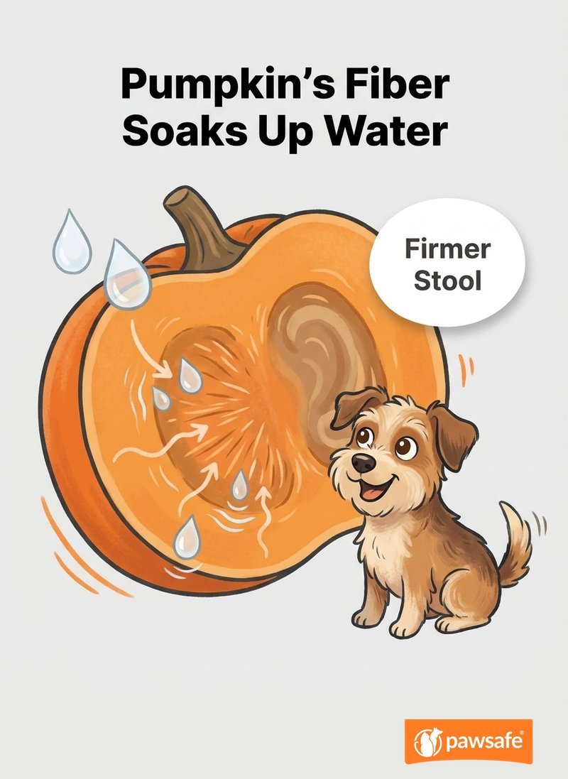 Simple illustration of soluble fiber in pumpkin absorbing water to firm up a dog's loose stool