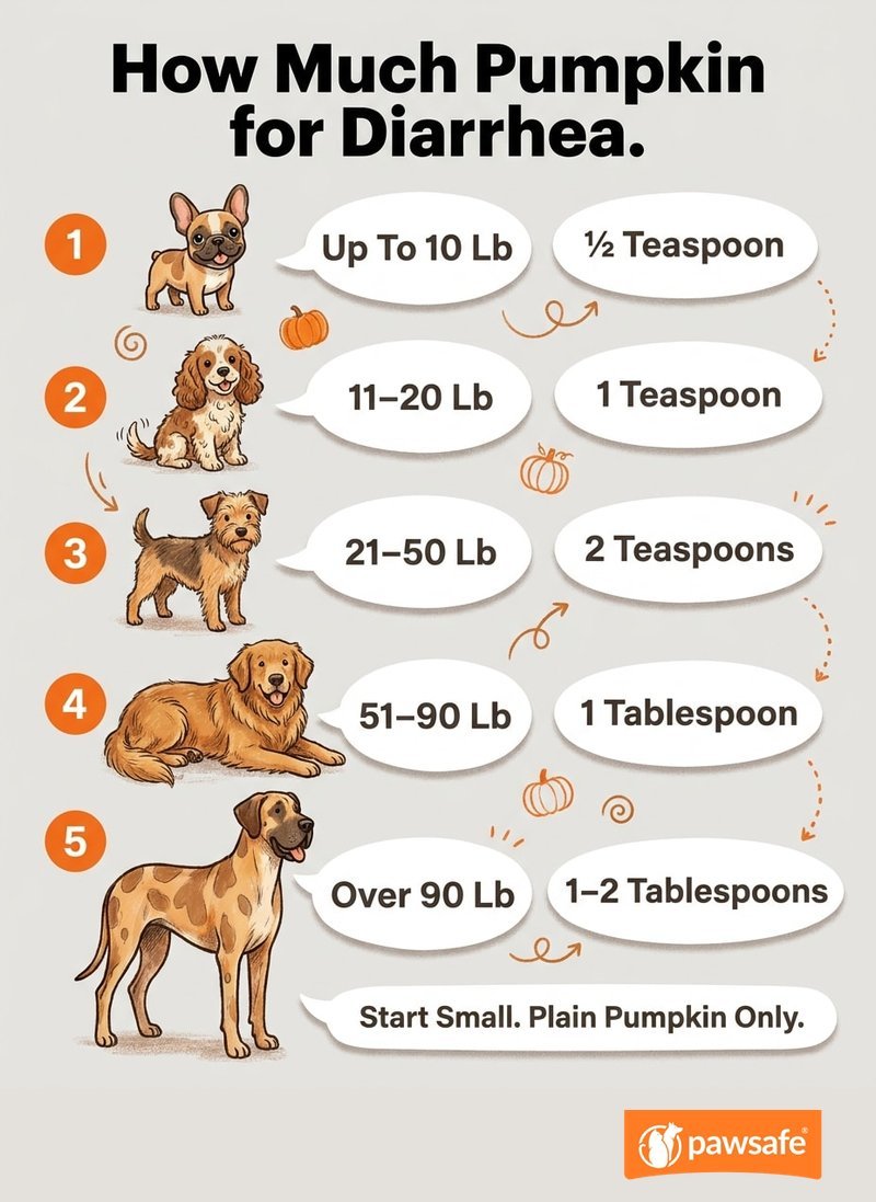 Infographic table showing how much pumpkin to give a dog for diarrhea by body weight, from half a teaspoon to two tablespoons