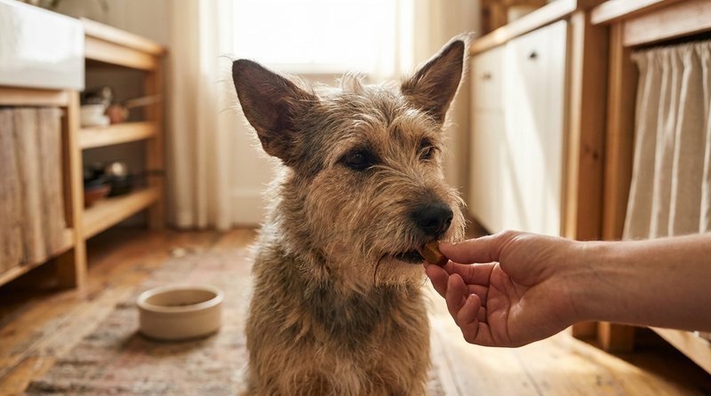 Happy, healthy medium-sized dog sitting in a bright kitchen waiting for a probiotic chew