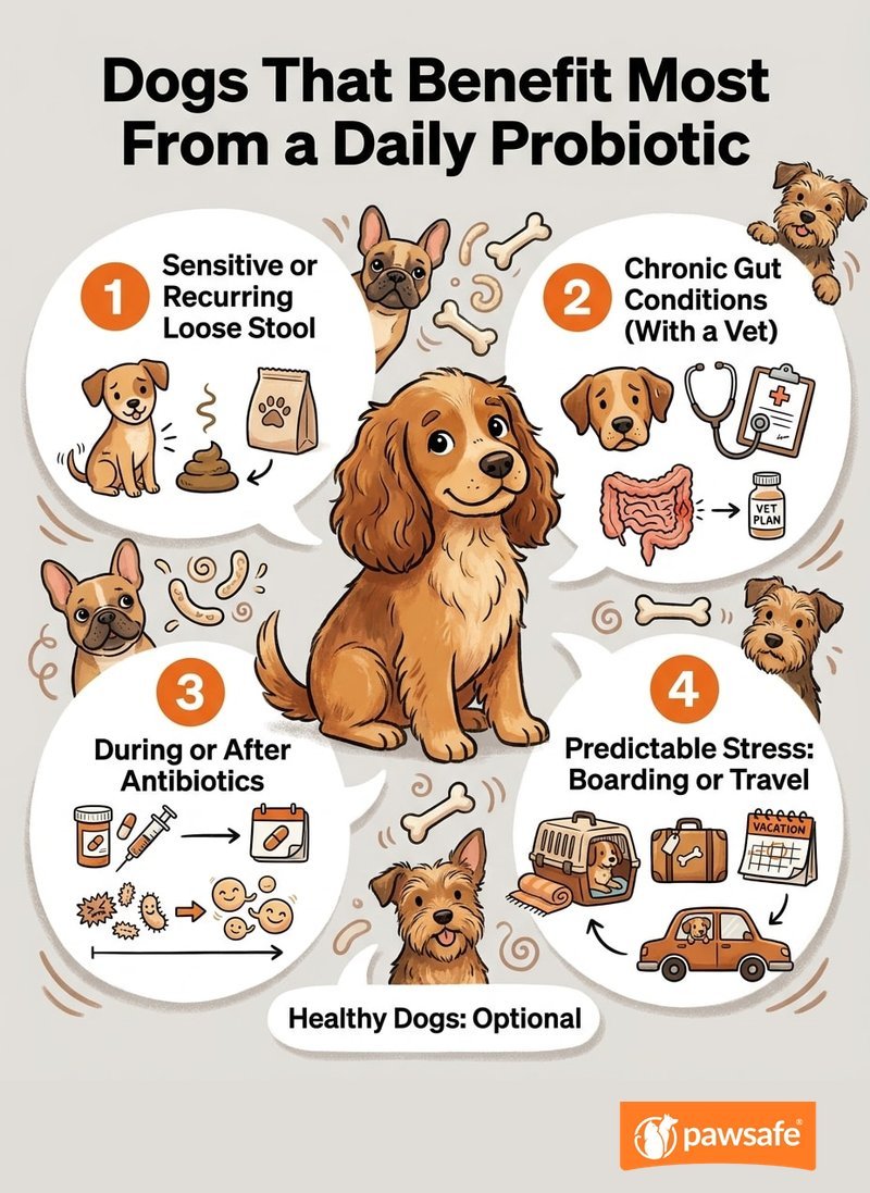 Infographic checklist of dogs that benefit most from a daily probiotic: sensitive stomachs, chronic gut issues, post-antibiotic, and stress-prone dogs