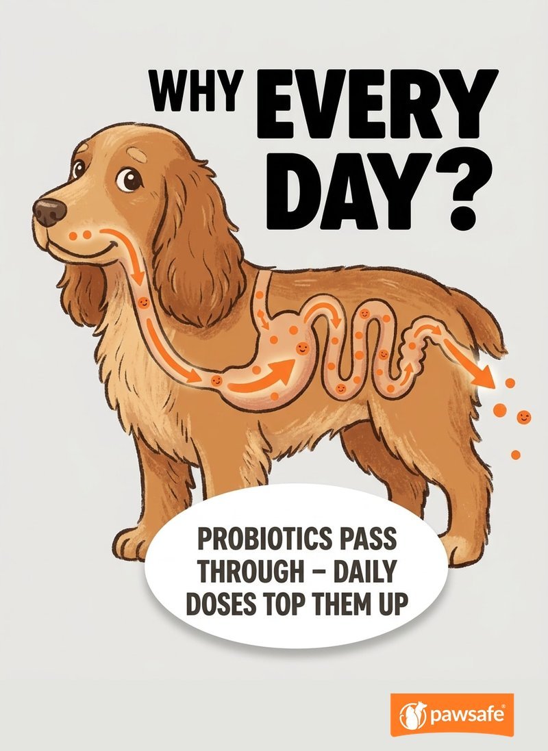 Illustration explaining that probiotics pass through a dog's gut rather than staying permanently, so daily doses top them up