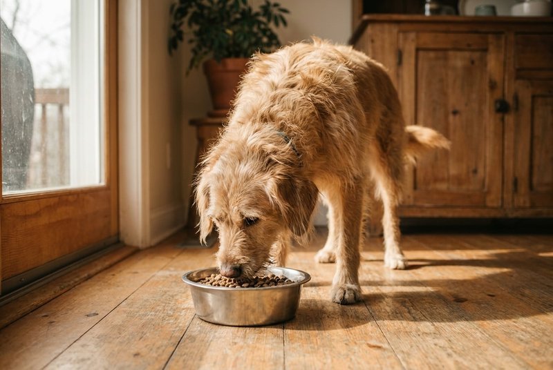 A dog eating from its bowl in a bright kitchen