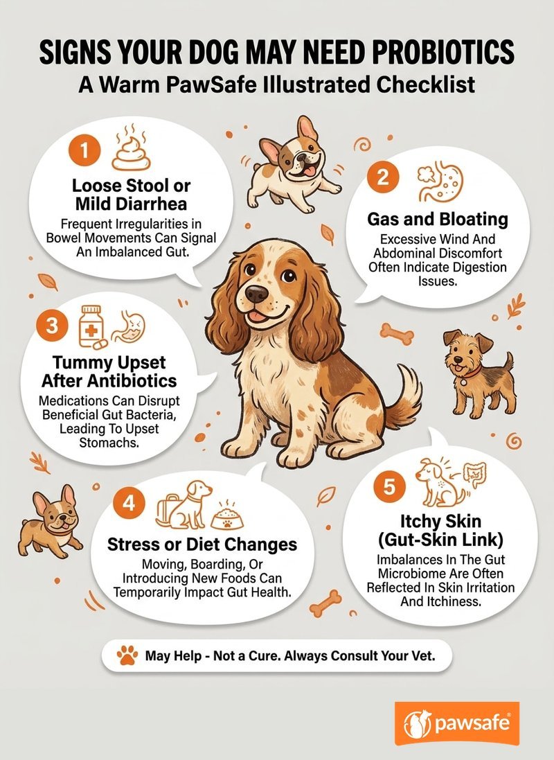 Illustrated checklist of common signs a dog may benefit from probiotics