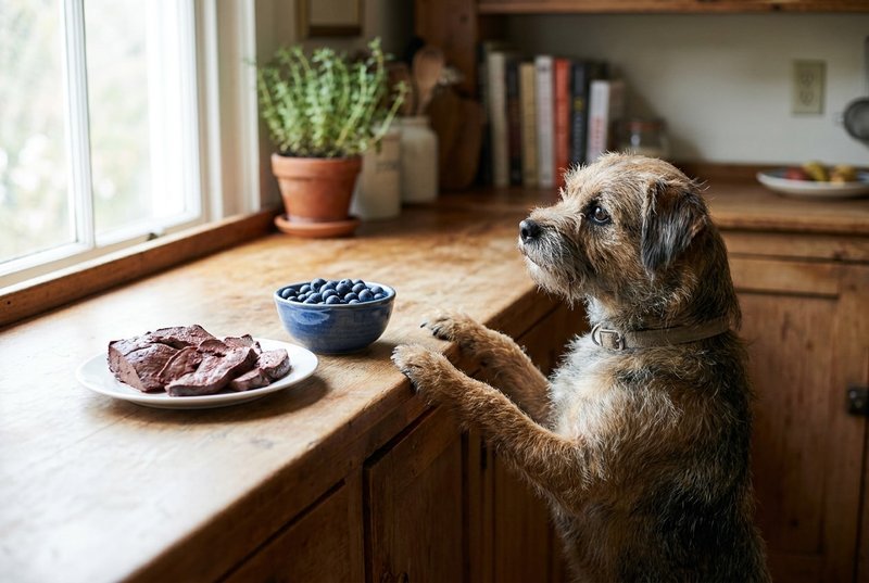 A bright, healthy dog eyeing blueberries and a liver treat on a kitchen counter - dark foods that can harmlessly darken stool