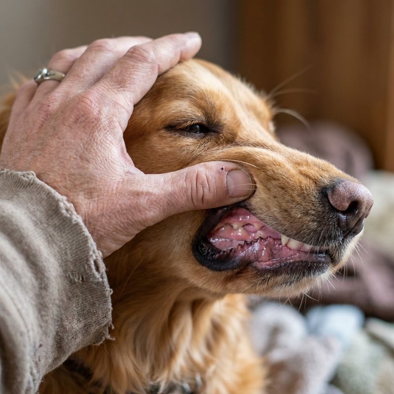 Close-up of an owner lifting a calm dog's lip to check that the gums are a healthy pink, a quick at-home circulation screen