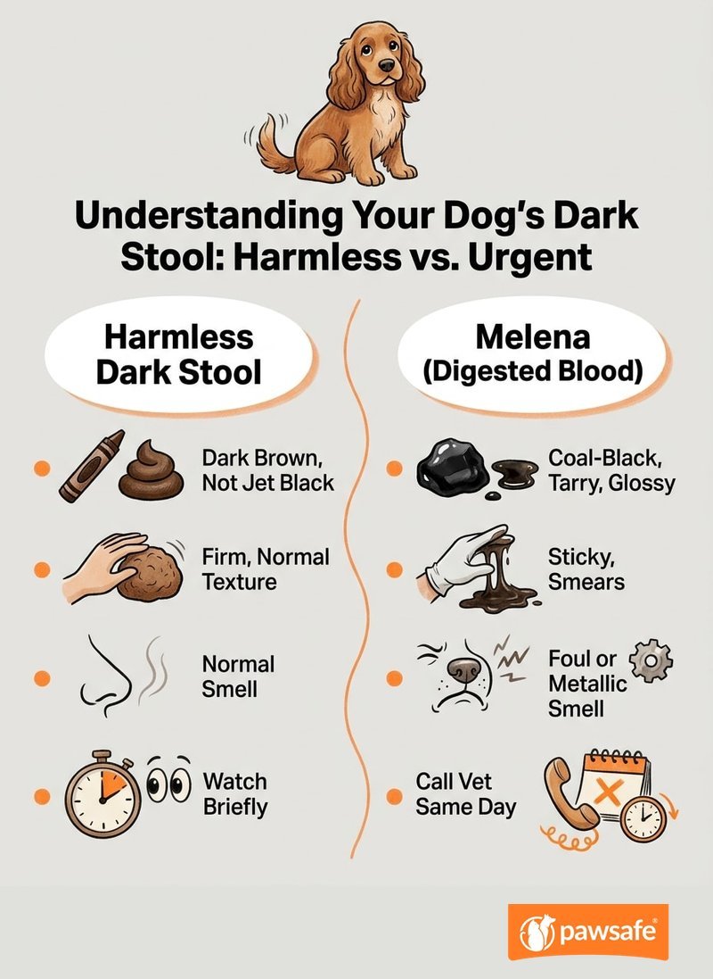 Comparison chart: harmless dark stool (brown, firm, normal smell) versus melena (coal-black, tarry, foul) and what to do