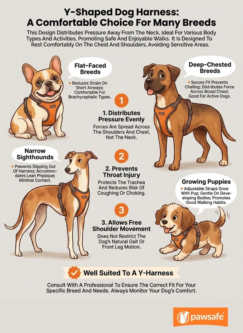 Illustration of dog body types that suit a Y-shaped harness: a flat-faced breed, a deep-chested breed, a narrow sighthound, and a puppy, each in a well-fitted harness