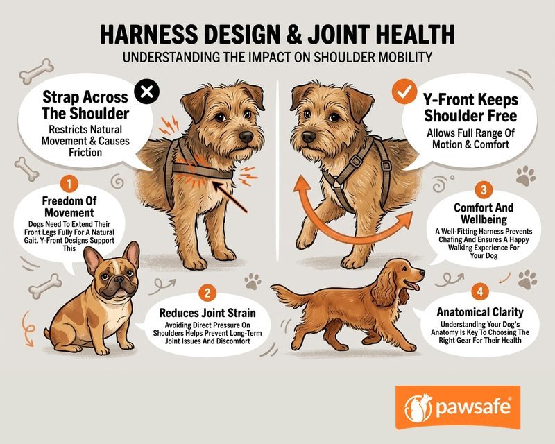 Illustration of a dog wearing a Y-shaped harness with the shoulder joint highlighted as free to move, versus a horizontal strap crossing the shoulder