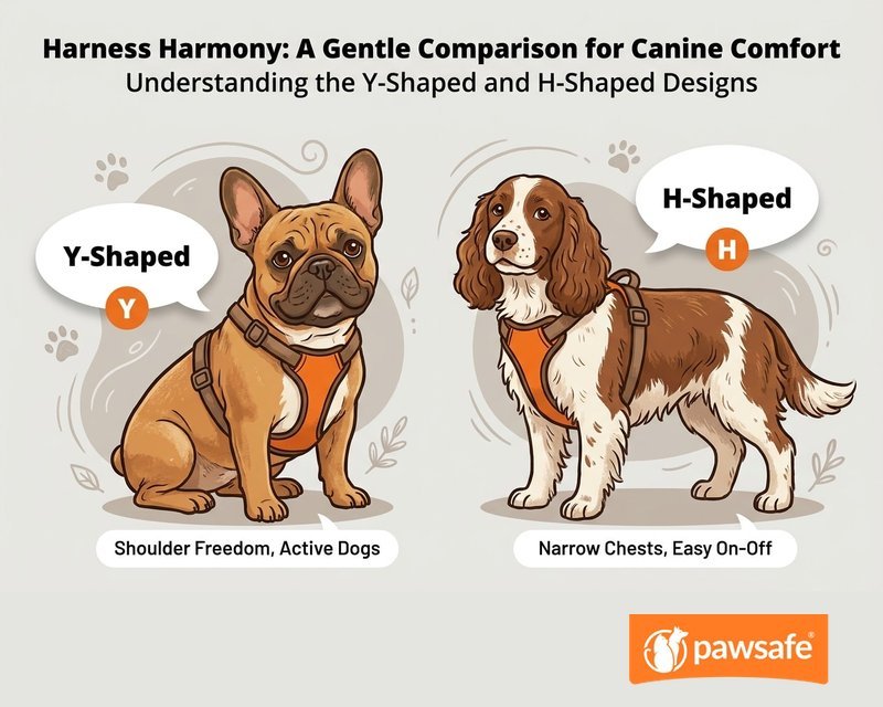 Side-by-side comparison illustration of a Y-shaped harness and an H-shaped harness on two dogs, with the strap layout labelled on each