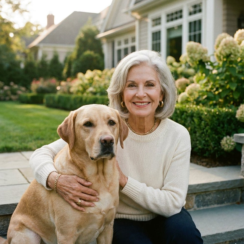 An elegant woman in her seventies with her Labrador outside her home