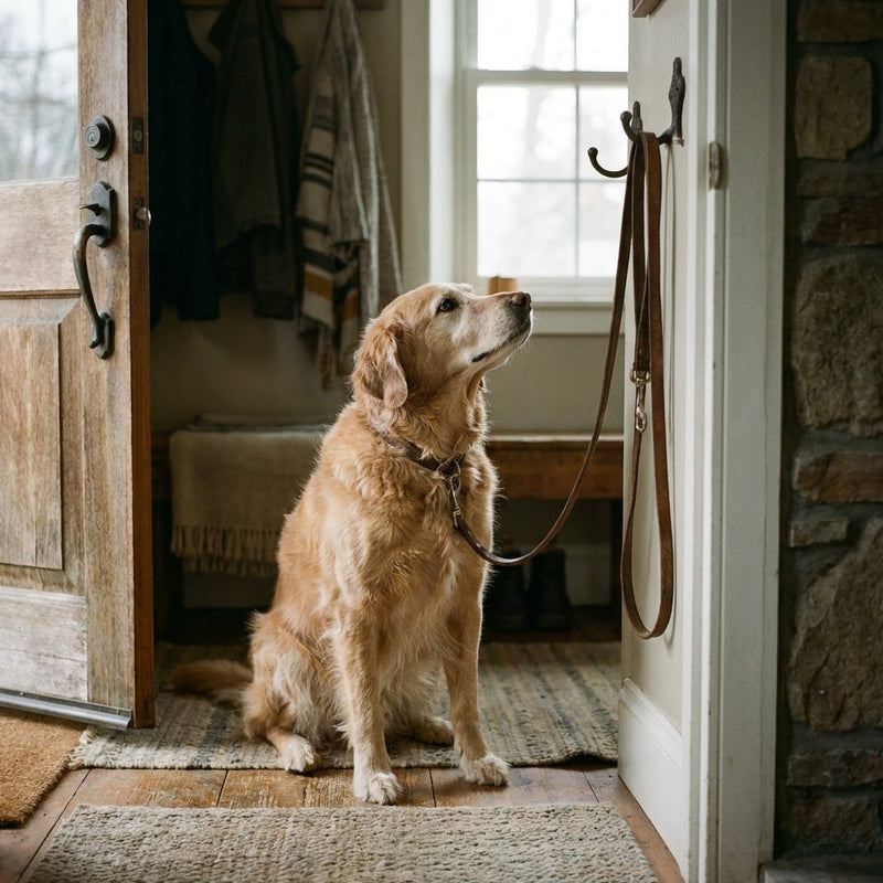 A dog waiting by the front door beneath a leash on a hook