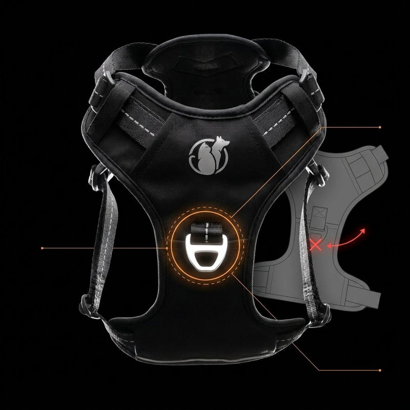 Technical diagram on black: the rigid aluminum chest ring highlighted, a generic soft loop shown sliding off-center with a red X