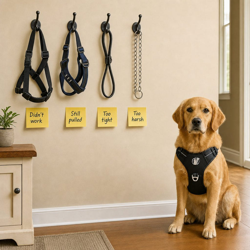 Failed gear on wall hooks with sticky notes; a golden retriever wears the PawSafe harness