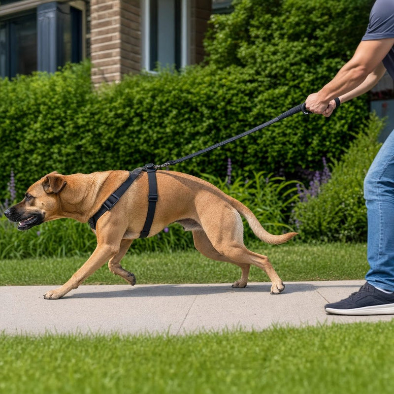 A dog leaning hard into a back-clip harness