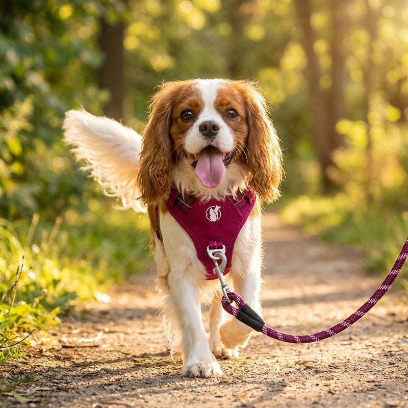 A happy cavalier in the Wild Berry PawSafe harness, matching rope leash clipped at the front chest ring