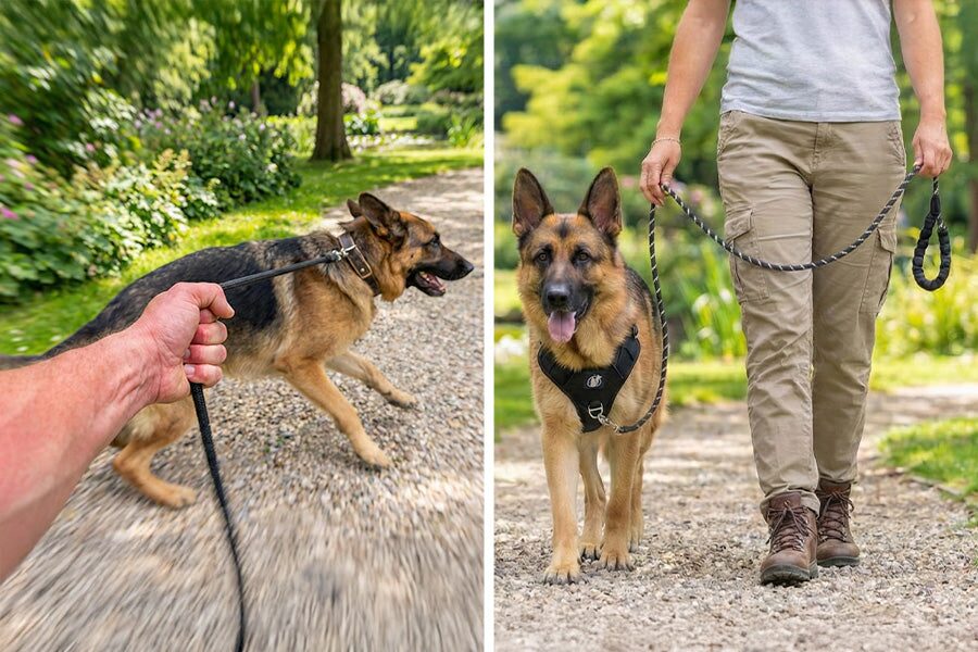 Before and after: a dog straining on a standard harness vs. walking calmly on a PawSafe Steady+Style harness