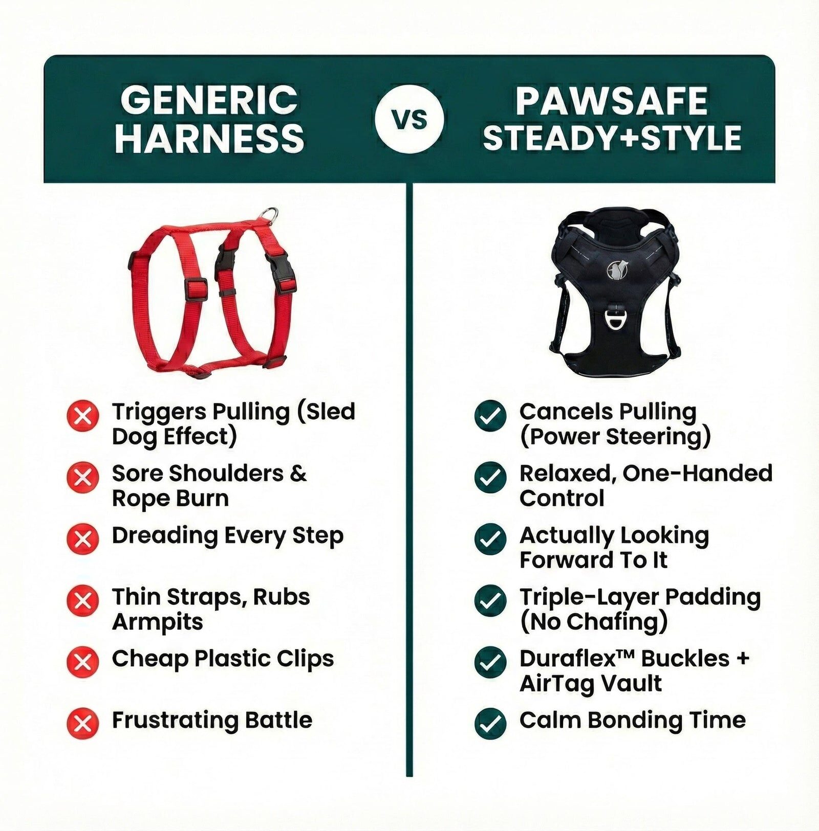 Infographic comparing a generic back-clip harness (red X) with the PawSafe Steady+Style front-clip harness (green check)