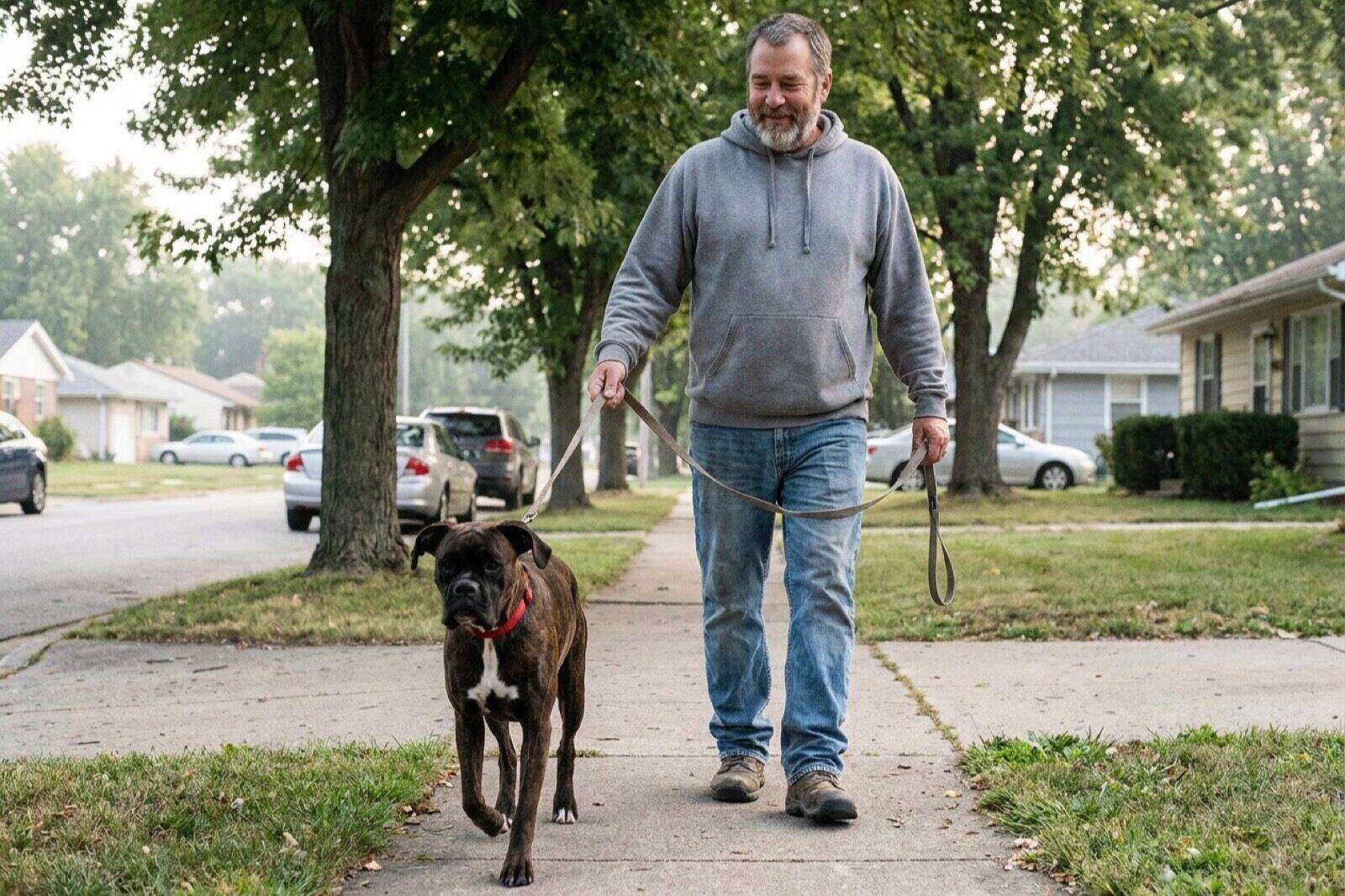 The same man and brindle boxer mix on the same street, leash held loosely in one hand