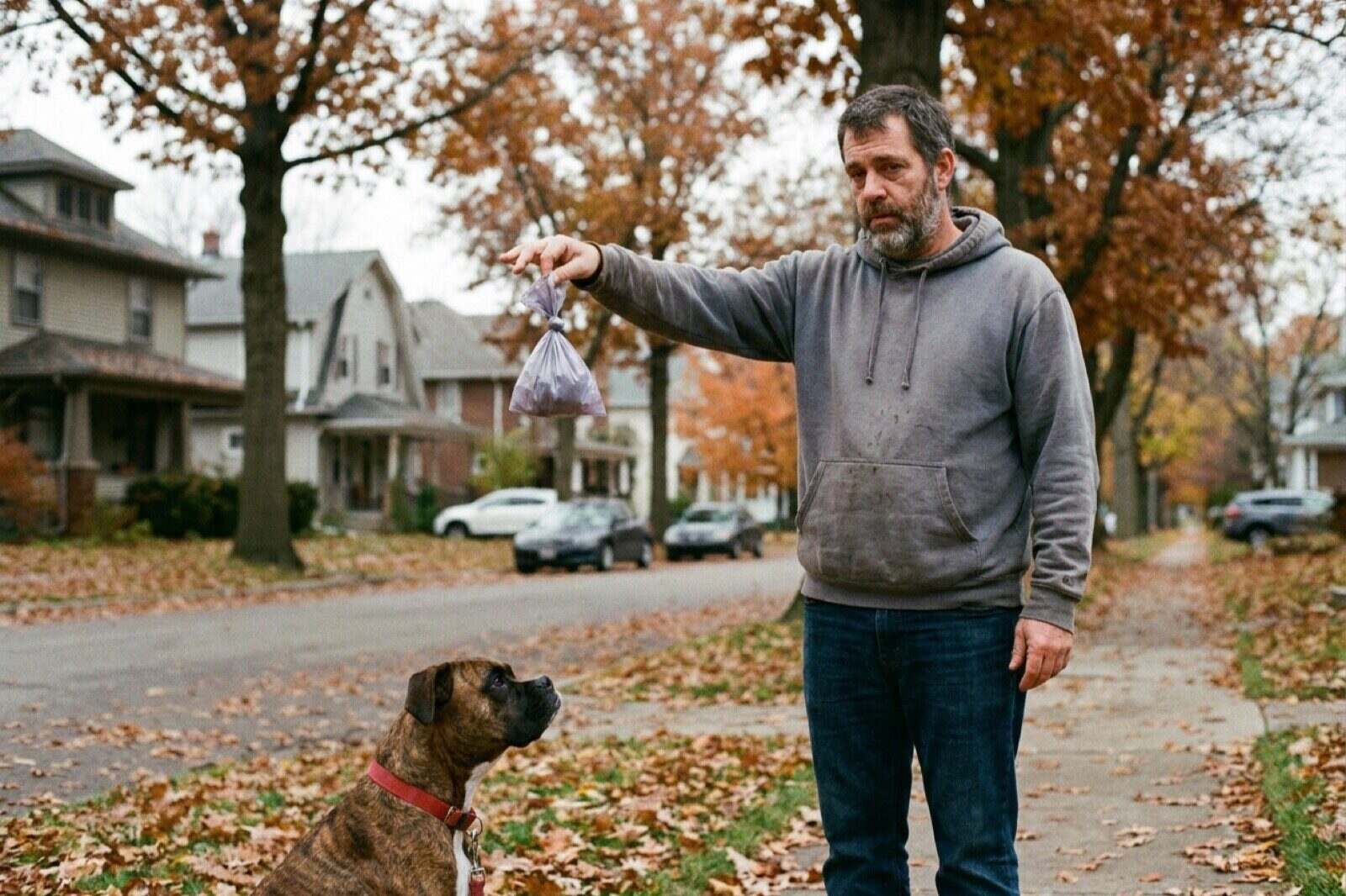A man on a suburban sidewalk holding a tied waste bag out at arm's length while his brindle boxer mix waits beside him