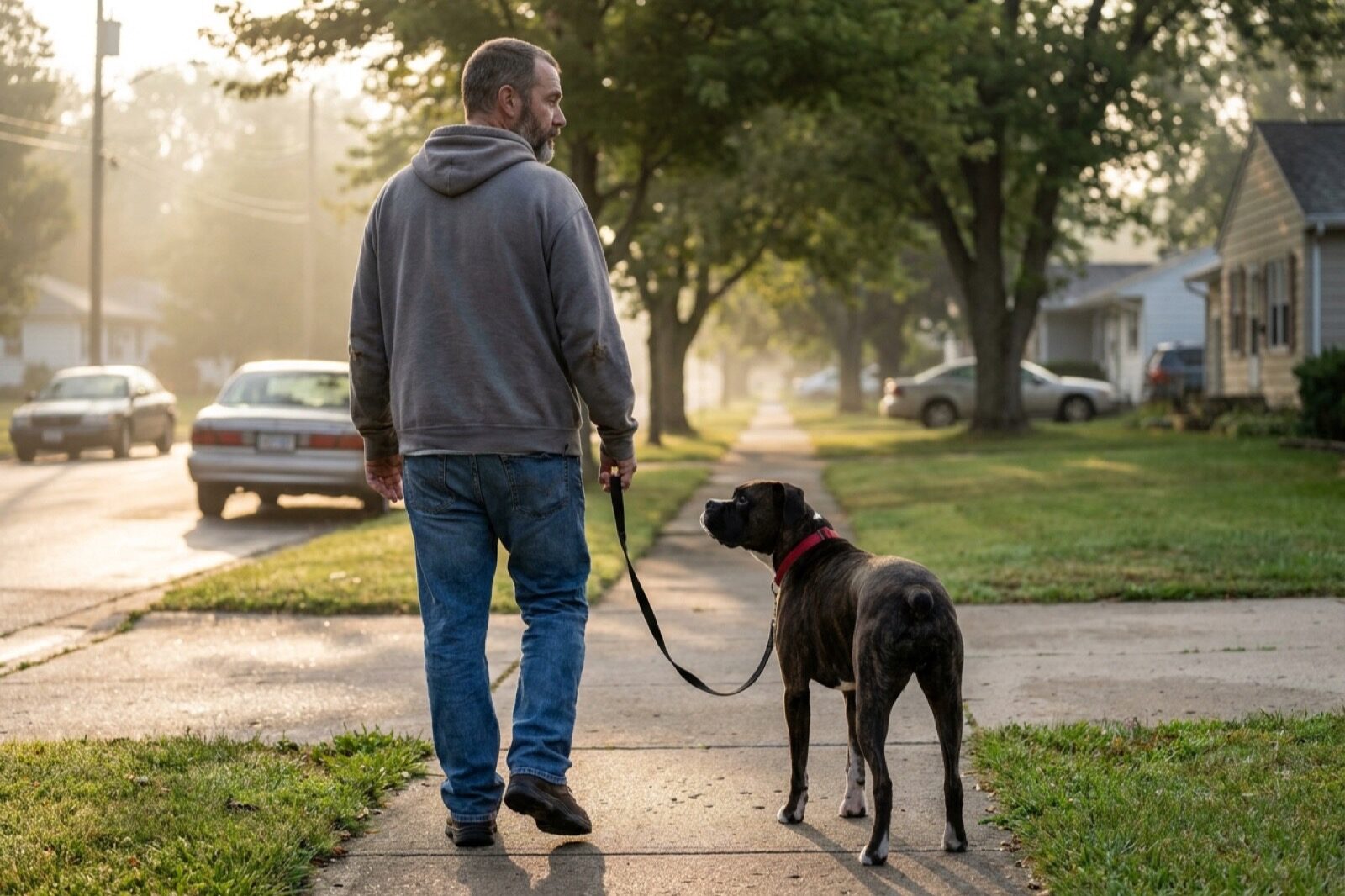 A man walking his brindle boxer mix on a slack leash down a quiet street at sunrise