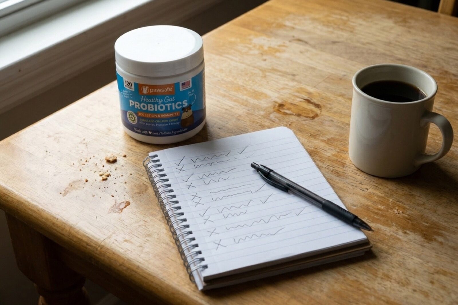 A handwritten walk log in a spiral notebook on a kitchen table beside a coffee mug and a tub of PawSafe probiotic soft chews