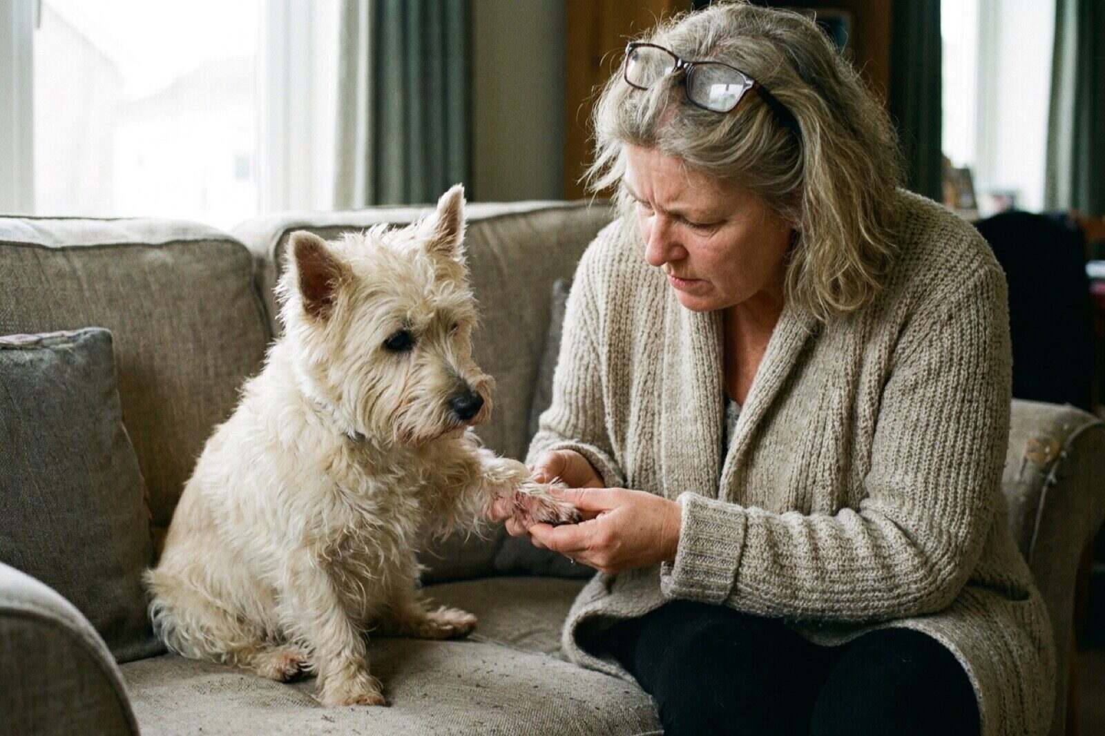 A woman sitting on a rug gently holding her small white terrier mix's front paw and looking between the toes under lamp light