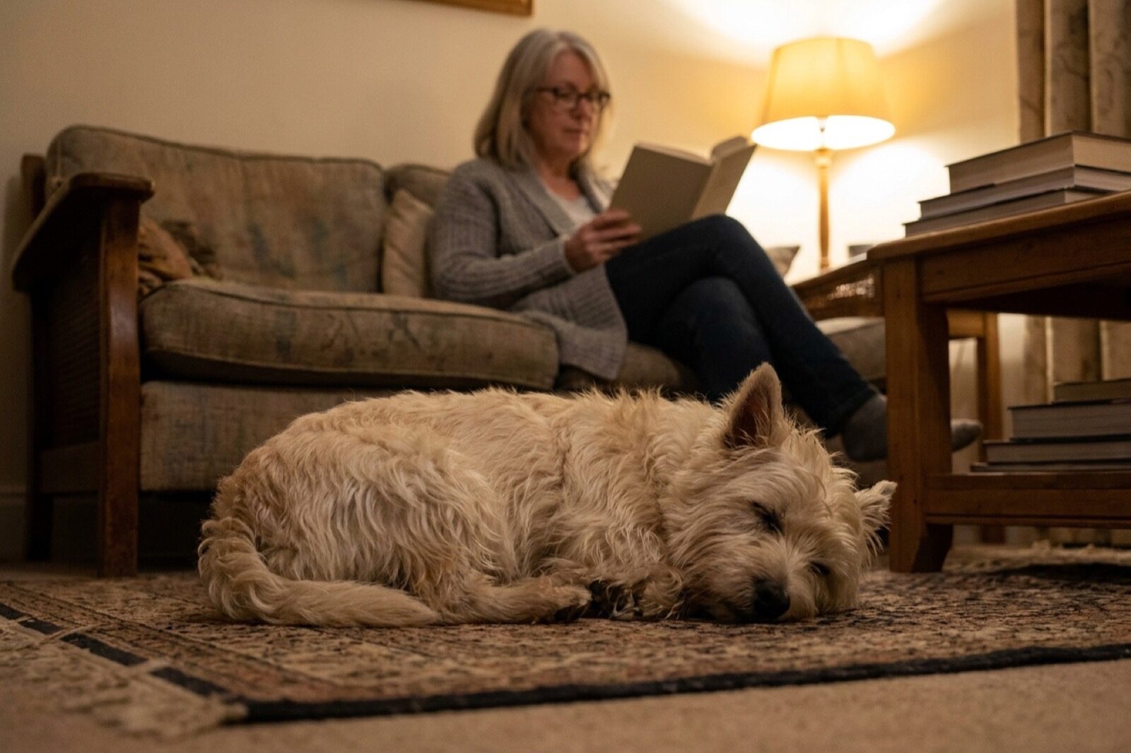 A small white terrier mix asleep on a living room rug in the evening with her paws tucked under her