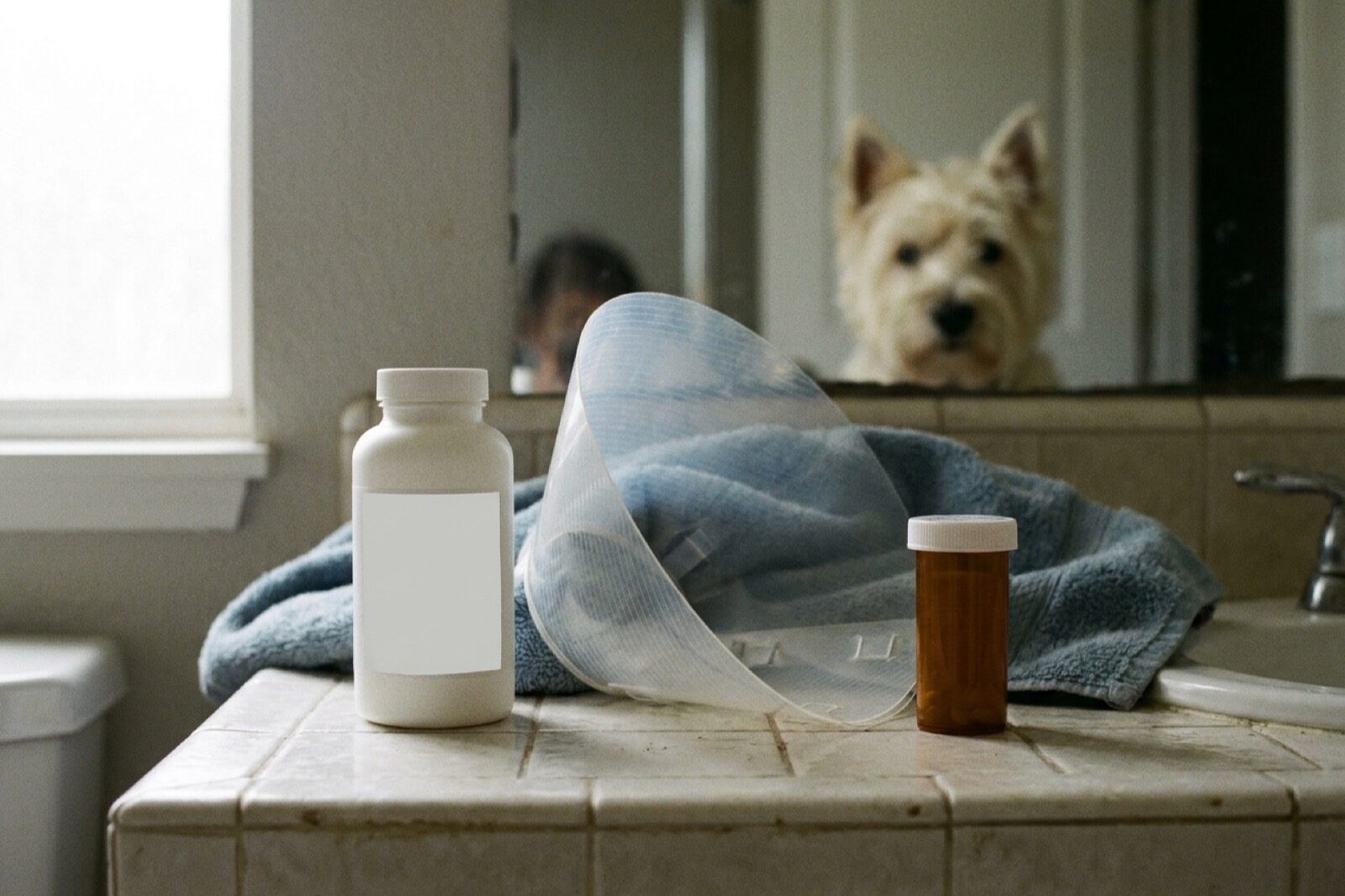 A bathroom counter with a bottle of medicated dog shampoo, a folded plastic recovery cone and a small pill bottle beside a damp towel