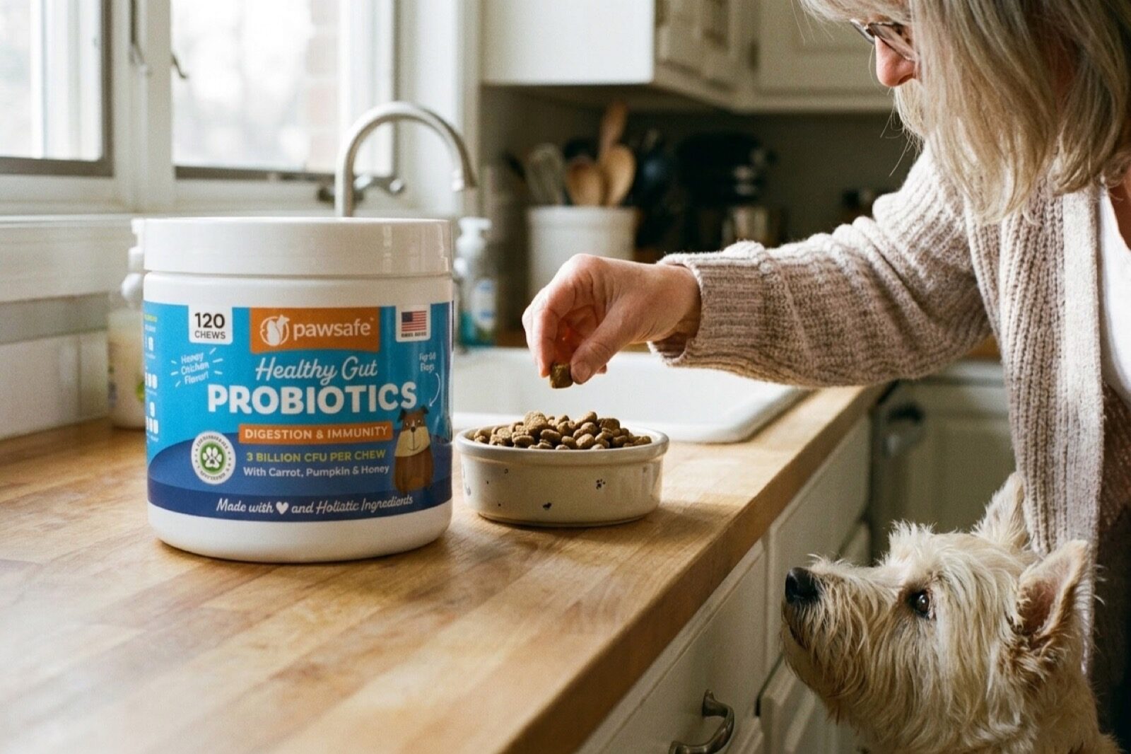 An open tub of PawSafe Probiotic Soft Chews on a kitchen counter beside a small bowl of kibble with one chew resting on top