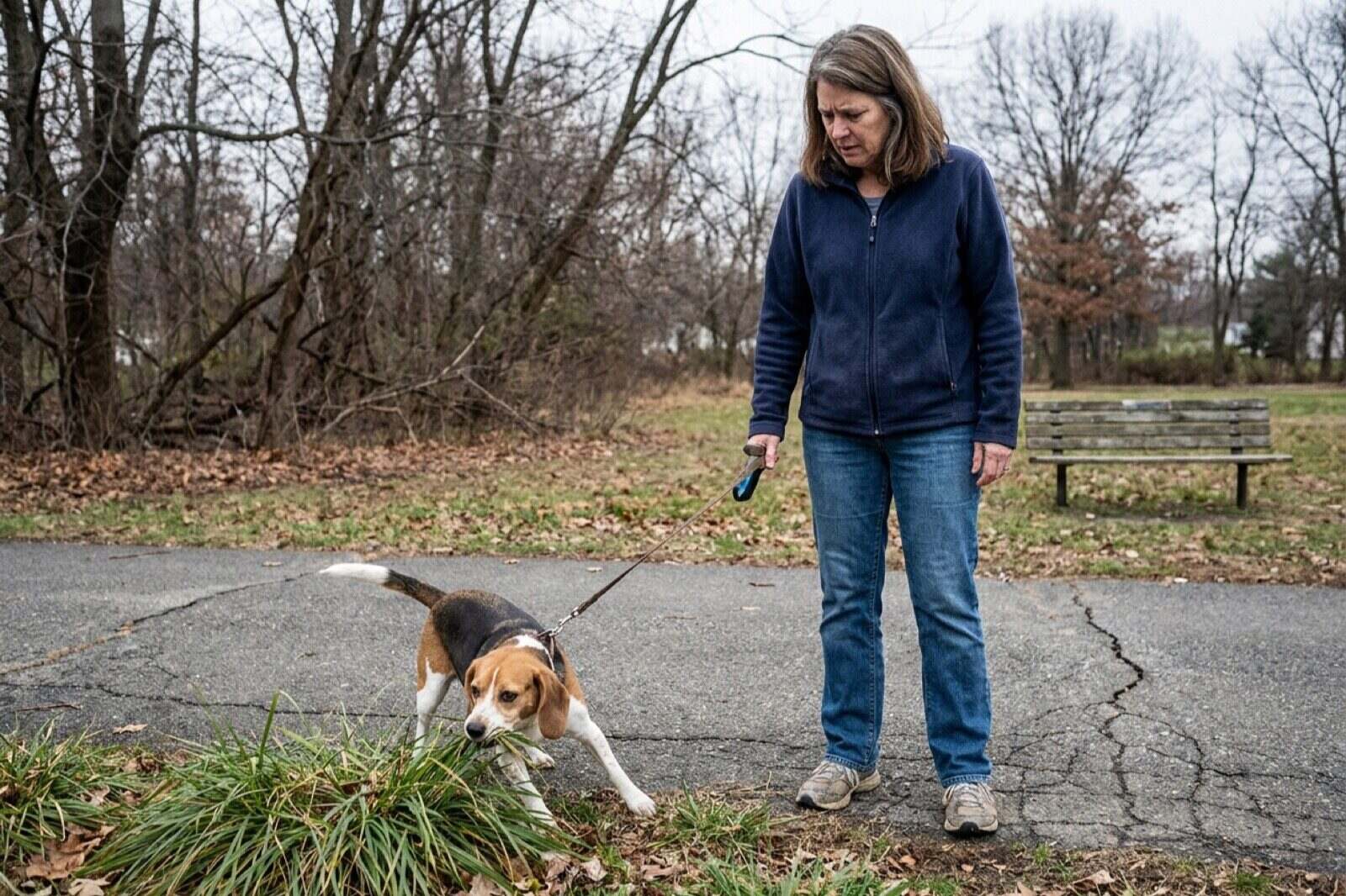 A brindle mixed breed dog sniffing at a grass verge on a suburban morning walk while its owner watches