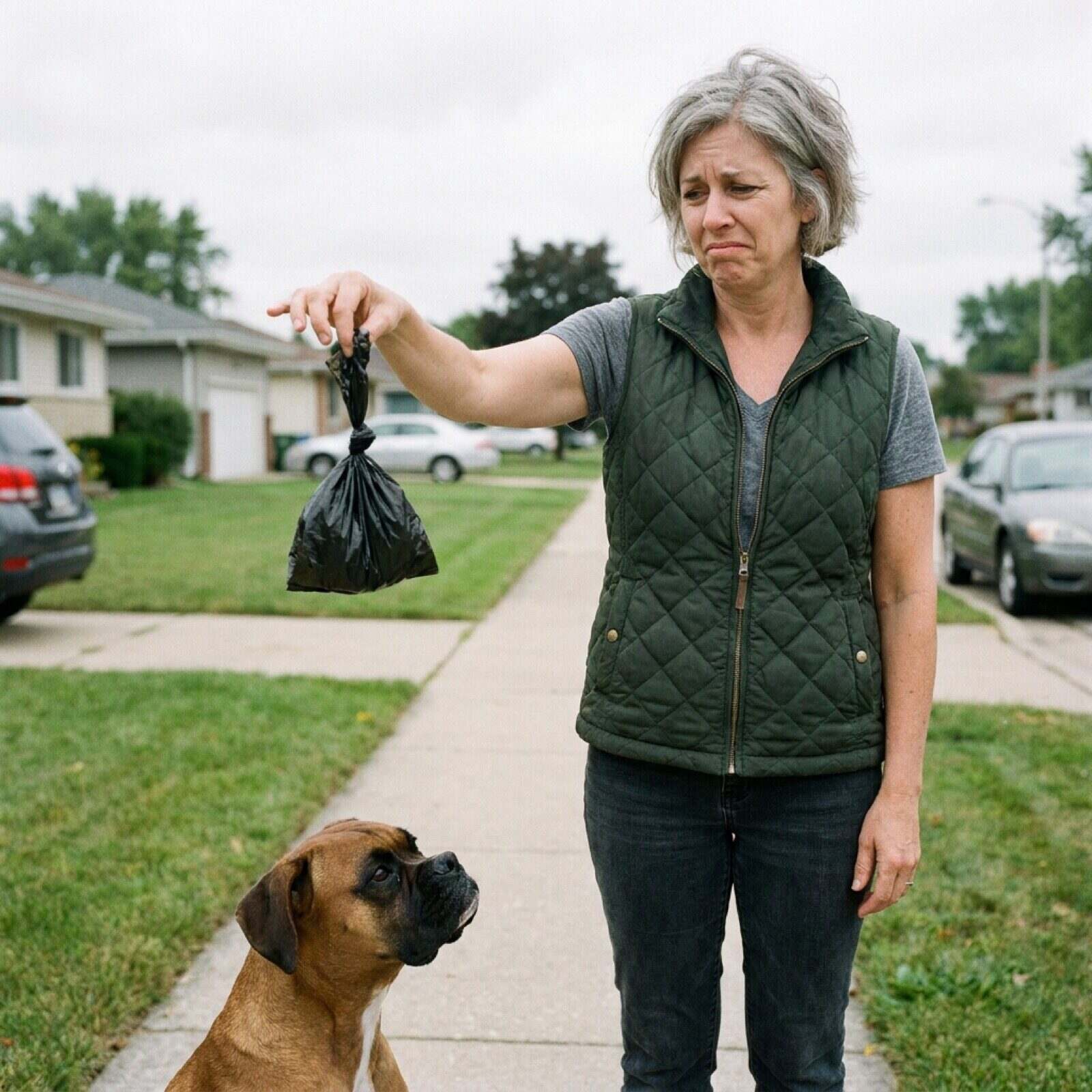 An owner on a pavement walk holding a tied waste bag out at arm's length while their dog waits a step ahead