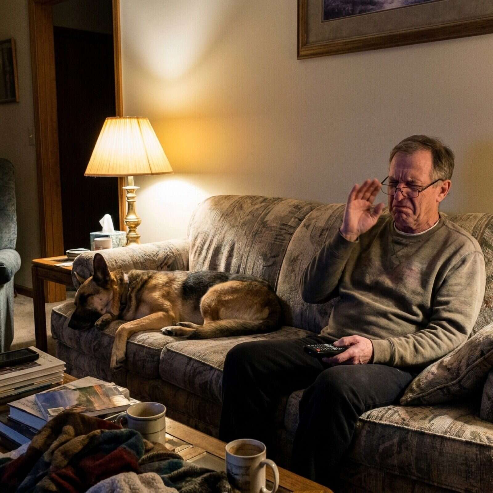 A staffie mix sprawled asleep on a sofa in the evening while its owner beside it pulls a face and waves a hand