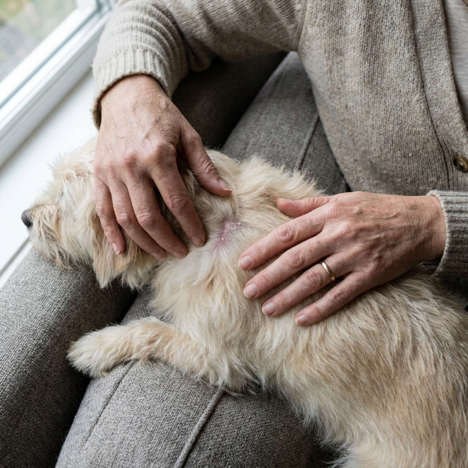 A hand parting the fur on the back of a short haired brown mixed breed dog to look at the skin underneath