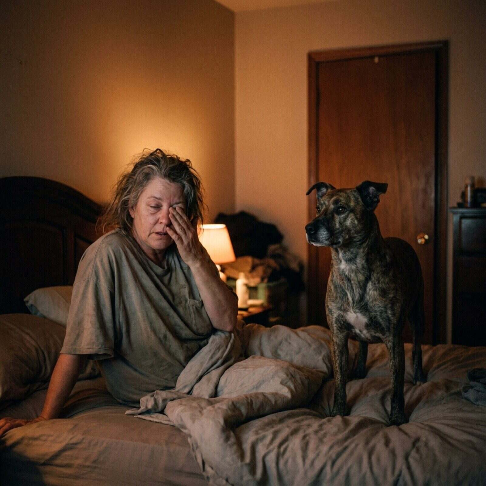 A tired owner in a dressing gown holding the back door open in the middle of the night while their dog steps out into the dark garden