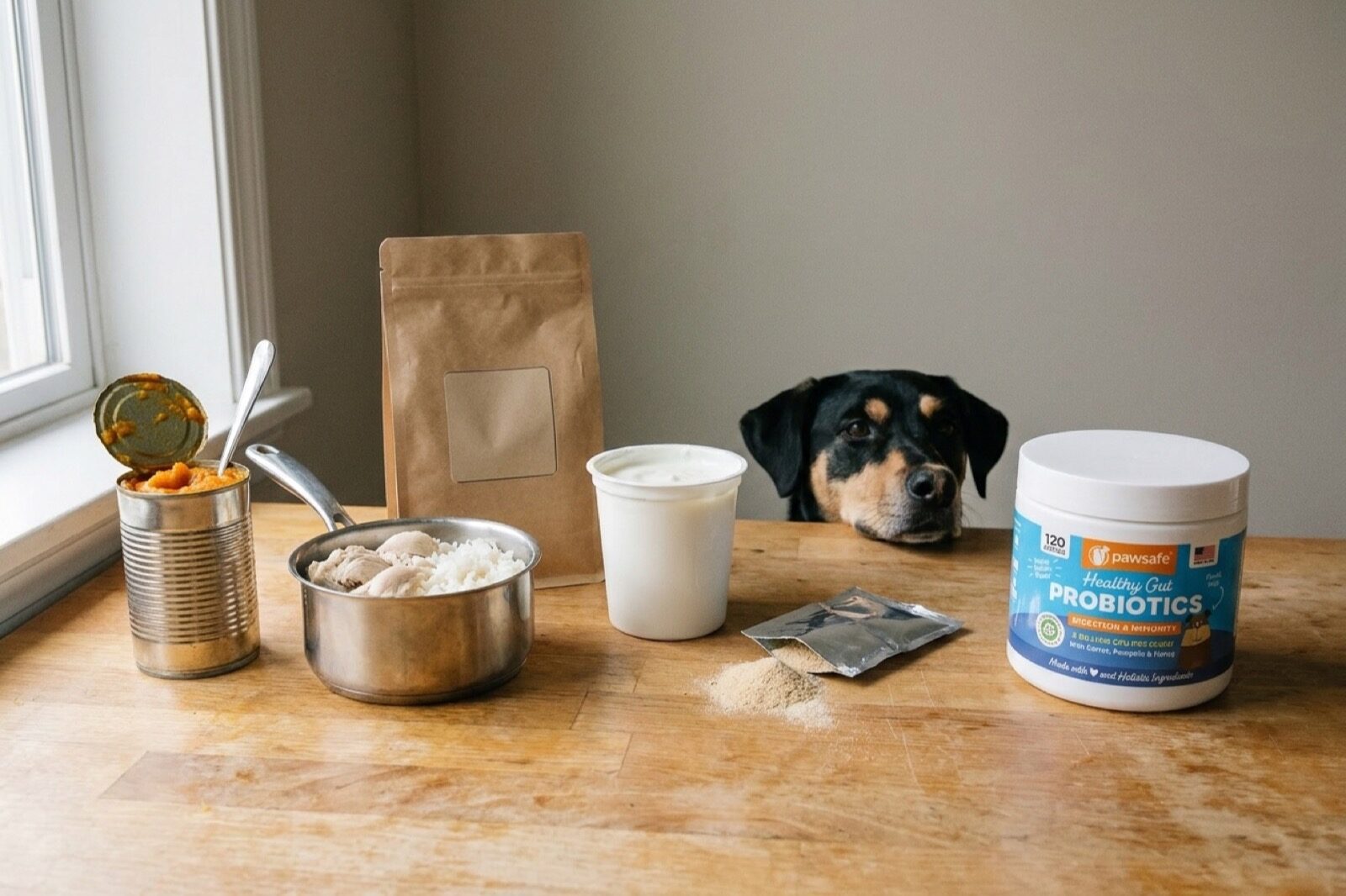 A kitchen counter laid out with canned pumpkin, boiled chicken and rice, a bag of dry food, plain yogurt, a supplement sachet, an empty dog bowl and a tub of PawSafe probiotic soft chews