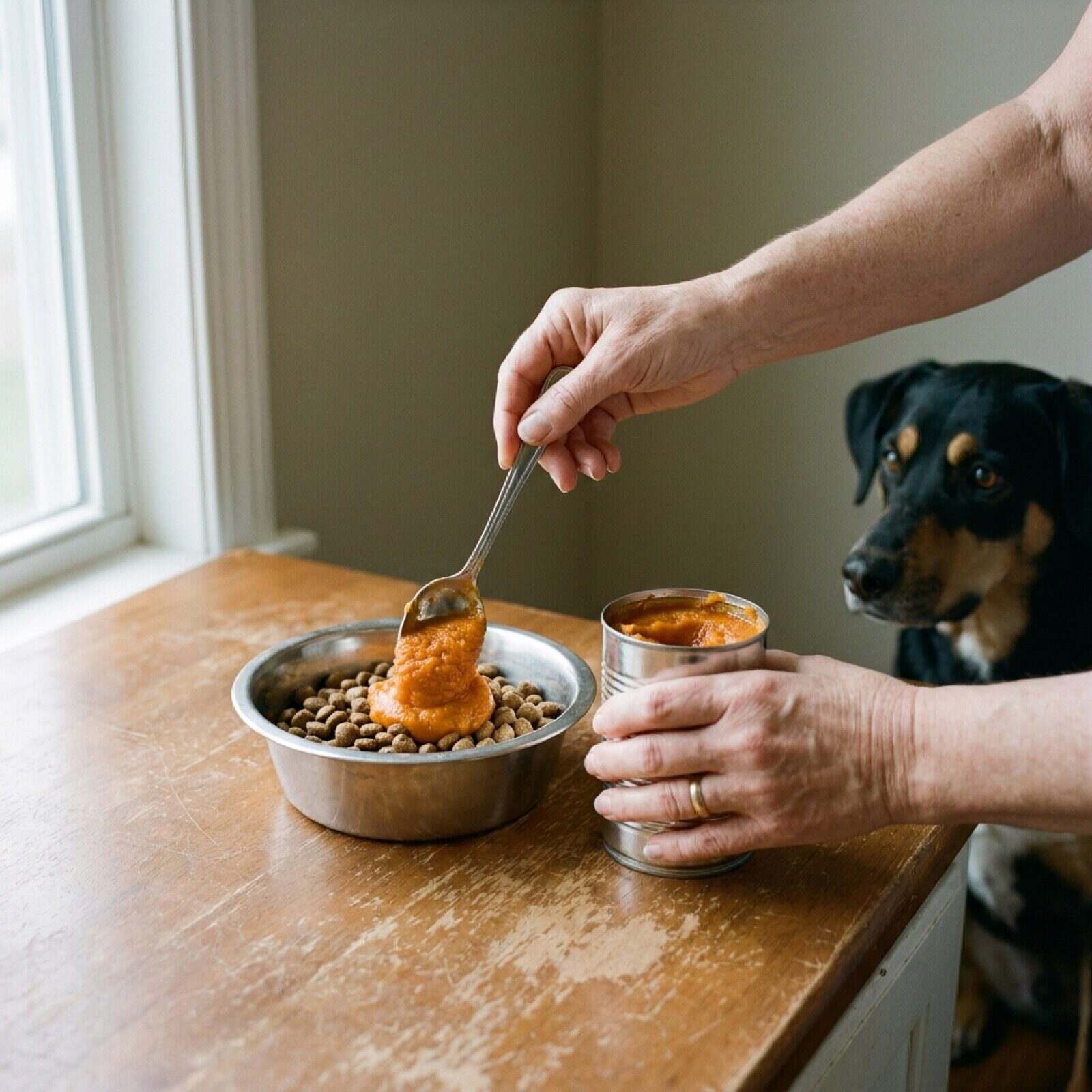 An opened can of plain pumpkin puree on a kitchen counter with a spoonful being stirred into a bowl of kibble