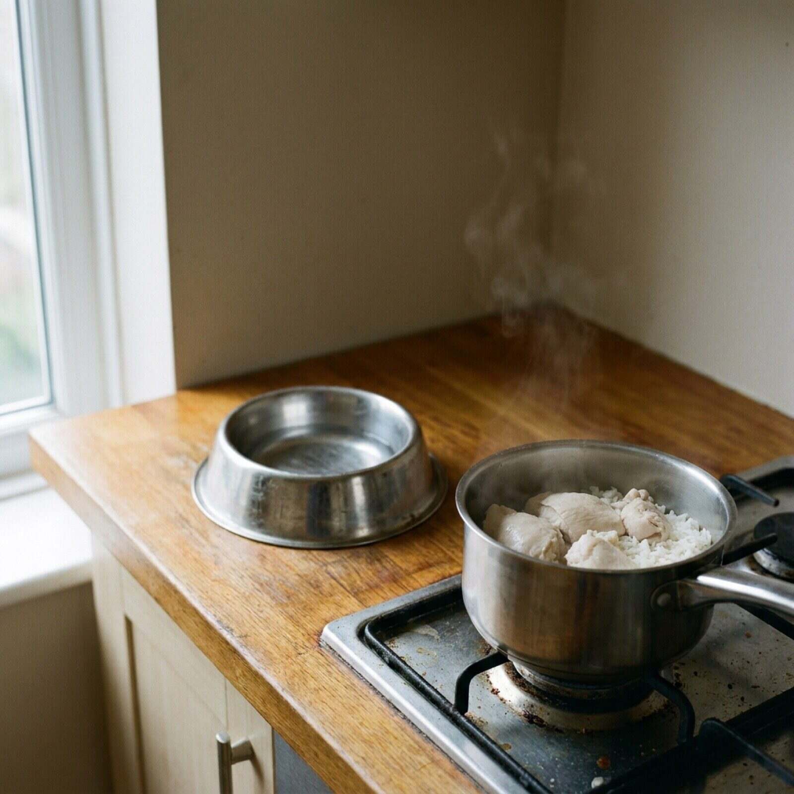 A pan of boiled shredded chicken and plain white rice cooling on a stovetop next to an empty dog bowl