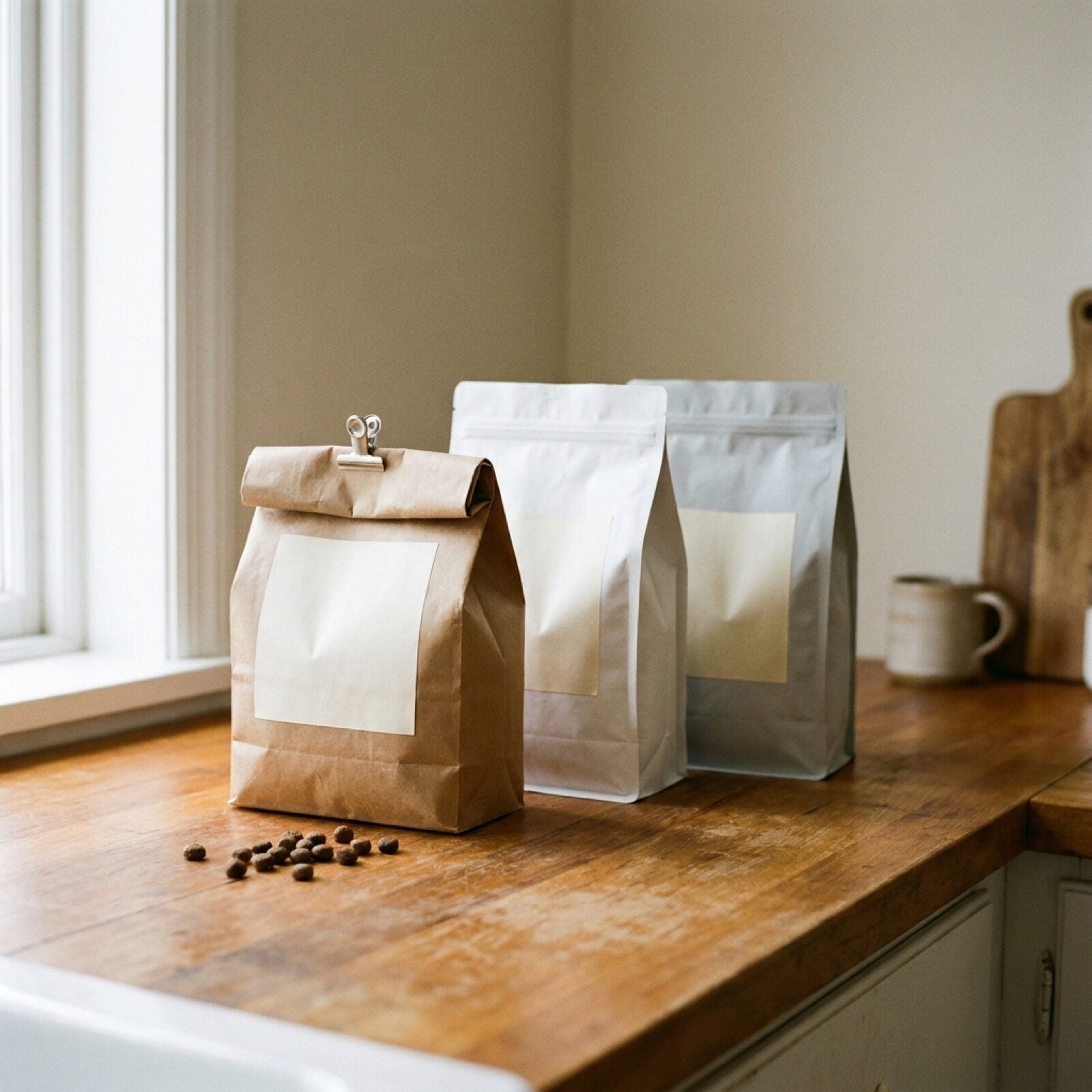 Three part used bags of dog food with their tops rolled down standing together on a laundry room floor